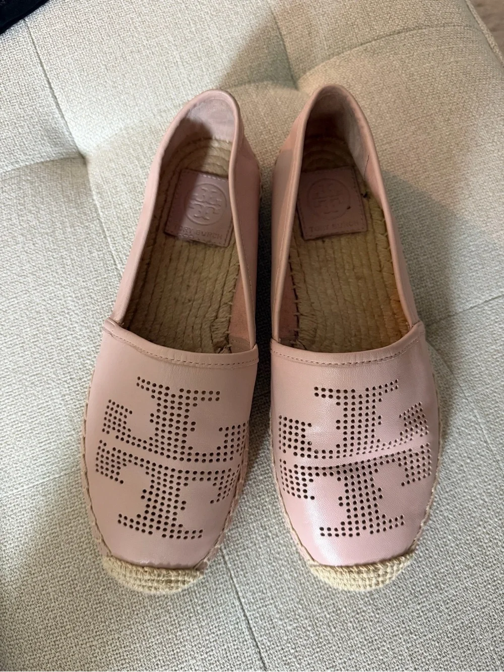 Tory Burch Blush Pink Perforated Leather Espadrille Flats